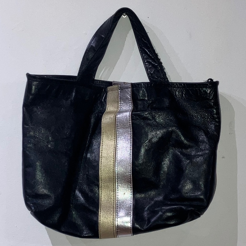 Lynn Tallerico black leather bag with gold and silver racing stripes